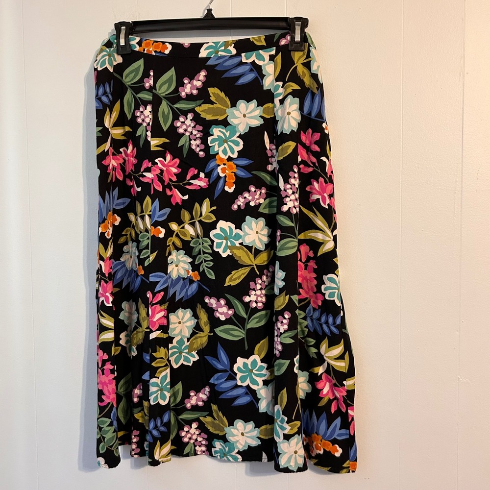 Alfred Dunner Womens 18 Black Floral Rayon A-Line Midi Skirt Elastic Waist